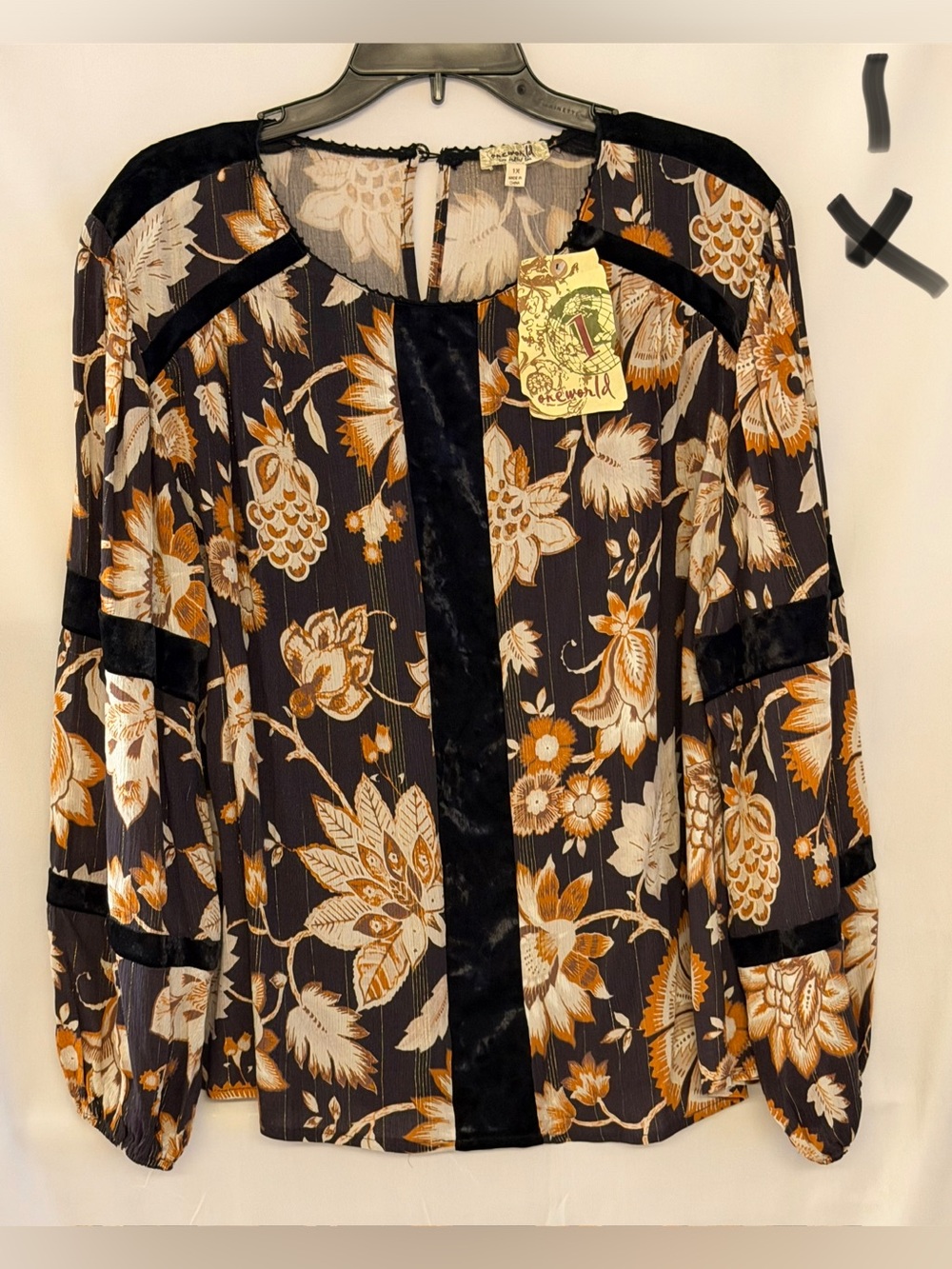 ONE WORLD Black Floral Blouse with Gold and Cream Prints